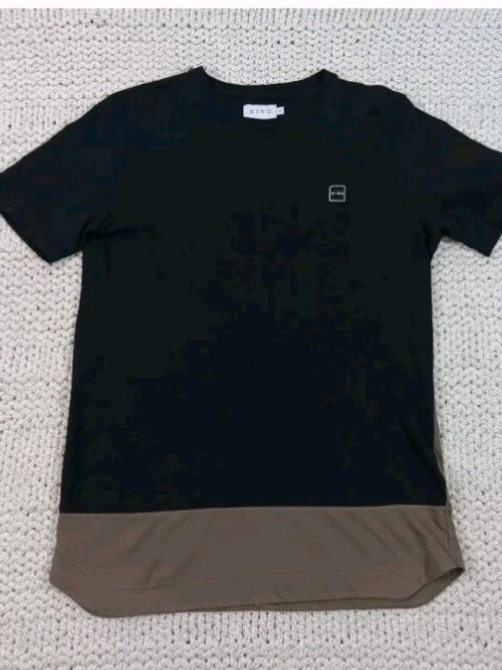 King Men's Color Block Black and Brown Contrast Hem Short Sleeve Casual Shirt